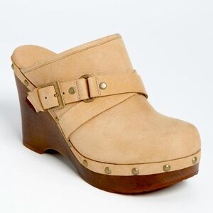 UGG Tan Leather Mules with Brown Wedge